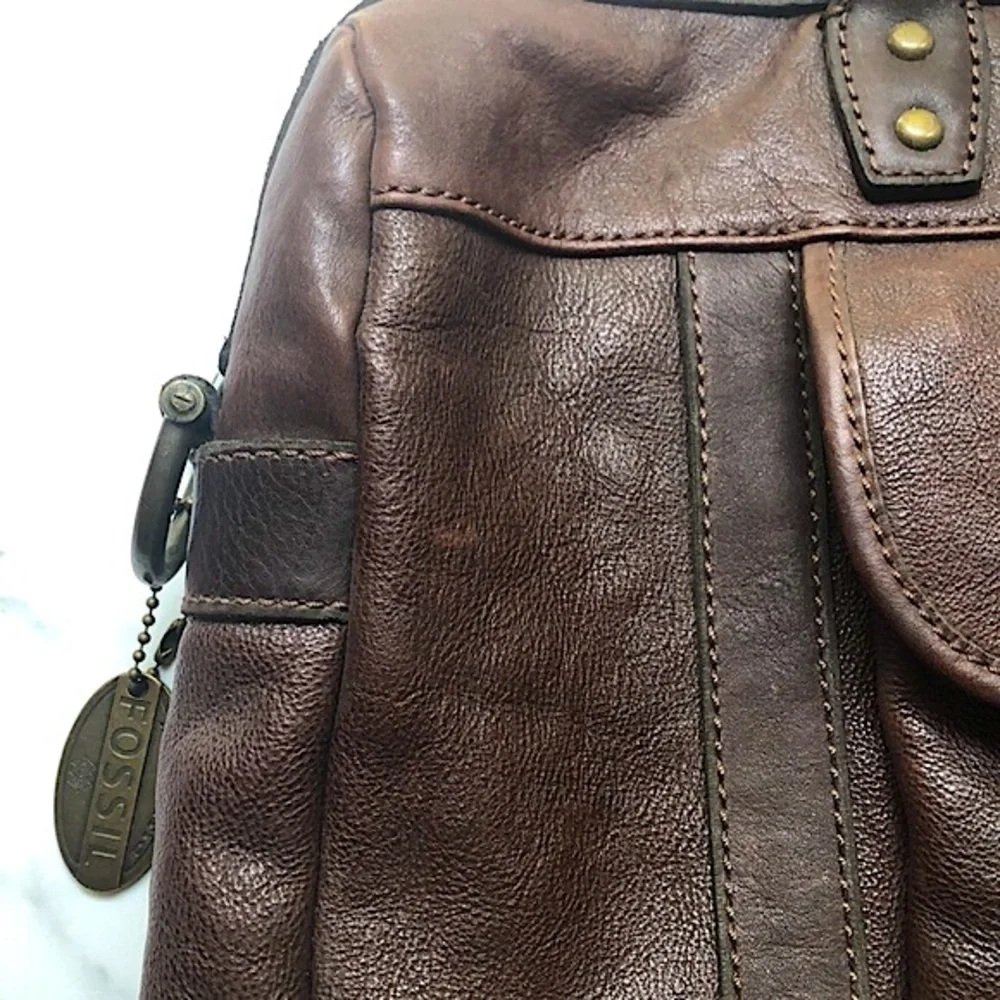 Fossil Brown Leather Briefcase Messenger Travel Crossbody Bag Double handle
